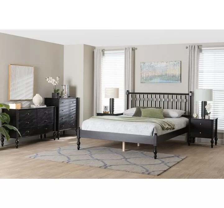 Baxton Studio Callison Spindle Full 5-Piece Bedroom Set with two nightstands and chest in Black - lifestyle