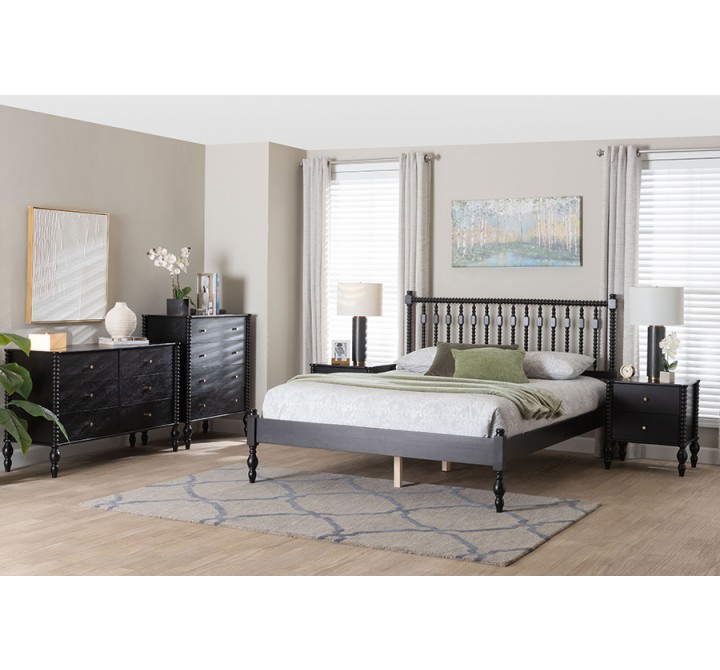 Baxton Studio Callison Spindle Full 5-Piece Bedroom Set with two nightstands and chest in Black - lifestyle