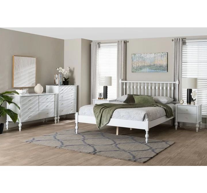 Baxton Studio Callison Spindle Full 5-Piece Bedroom Set with two nightstands and chest in White - lifestyle