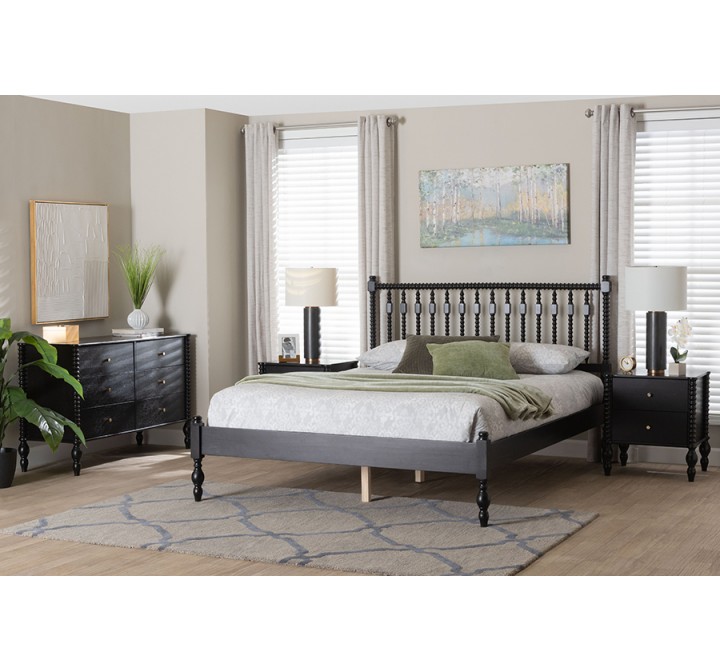 Baxton Studio Callison Spindle Queen 4-Piece Bedroom Set with two nightstands in Black - lifestyle