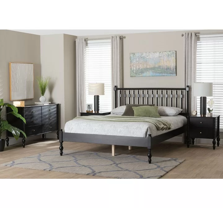 Baxton Studio Callison Spindle Queen 4-Piece Bedroom Set with two nightstands in Black - lifestyle