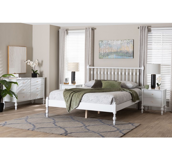 Baxton Studio Callison Spindle Queen 4-Piece Bedroom Set with two nightstands in White - lifestyle 