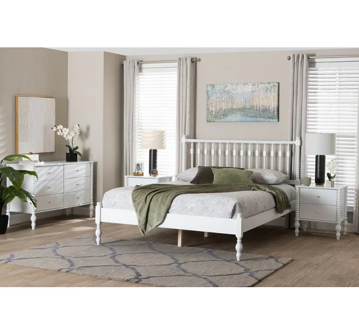 Baxton Studio Callison Spindle Queen 4-Piece Bedroom Set with two nightstands in White - lifestyle 