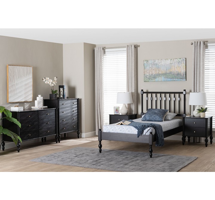 Baxton Studio Callison Spindle Twin 5-Piece Bedroom Set with two nightstands and chest in Black - lifestyle