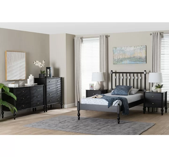 Baxton Studio Callison Spindle Twin 5-Piece Bedroom Set with two nightstands and chest in Black - lifestyle