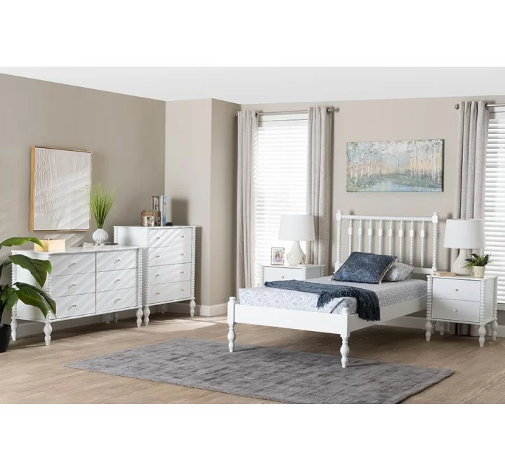 Baxton Studio Callison Spindle Twin 5-Piece Bedroom Set with two nightstands and chest in White - lifestyle