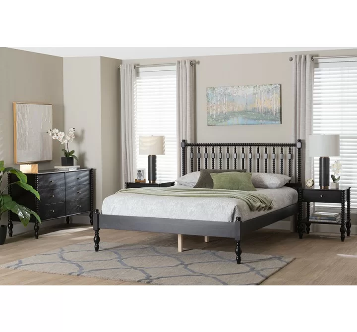 Baxton Studio Denita Spindle Queen 4-Piece Bedroom Set in Black - lifestyle
