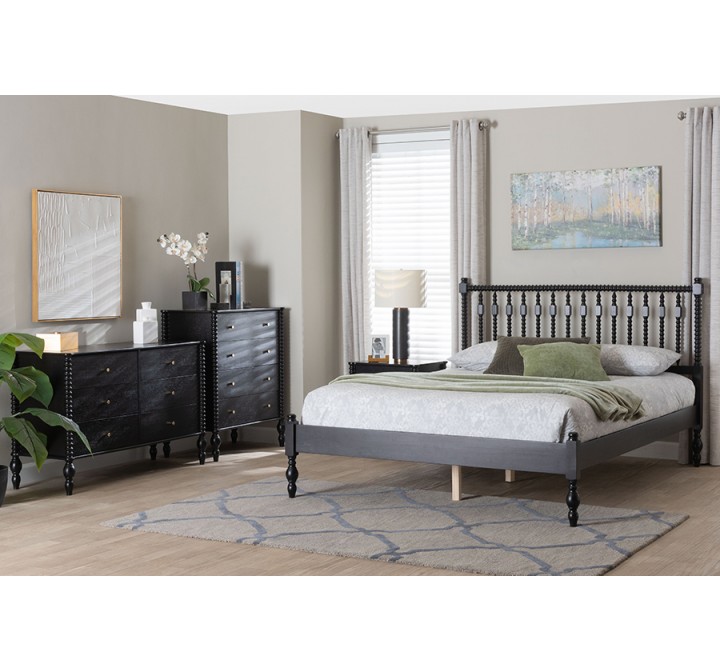 Baxton Studio Denita Spindle Queen 4-Piece Bedroom Set in Black - 