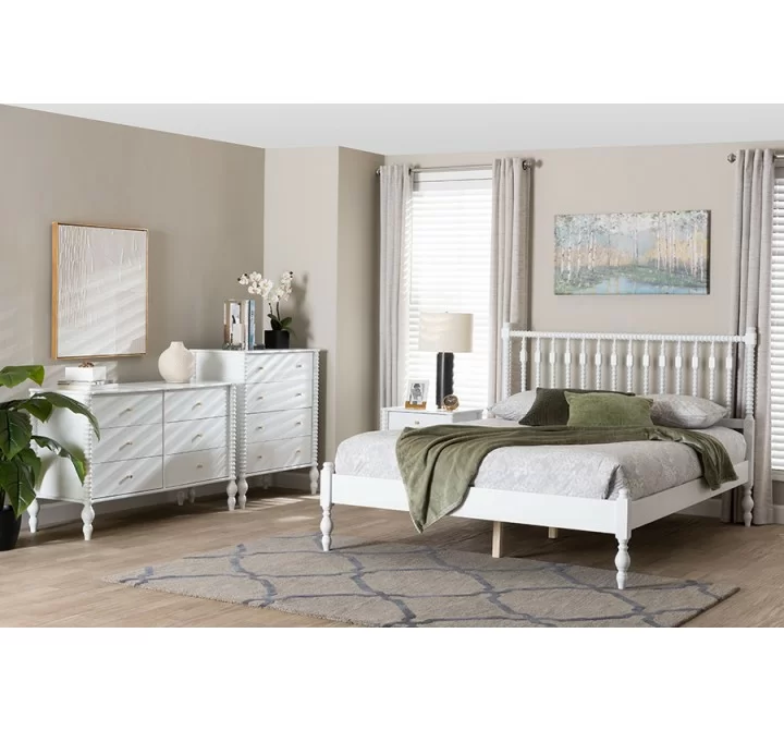 Baxton Studio Denita Spindle Queen 4-Piece Bedroom Set with chest in White - lifestyle