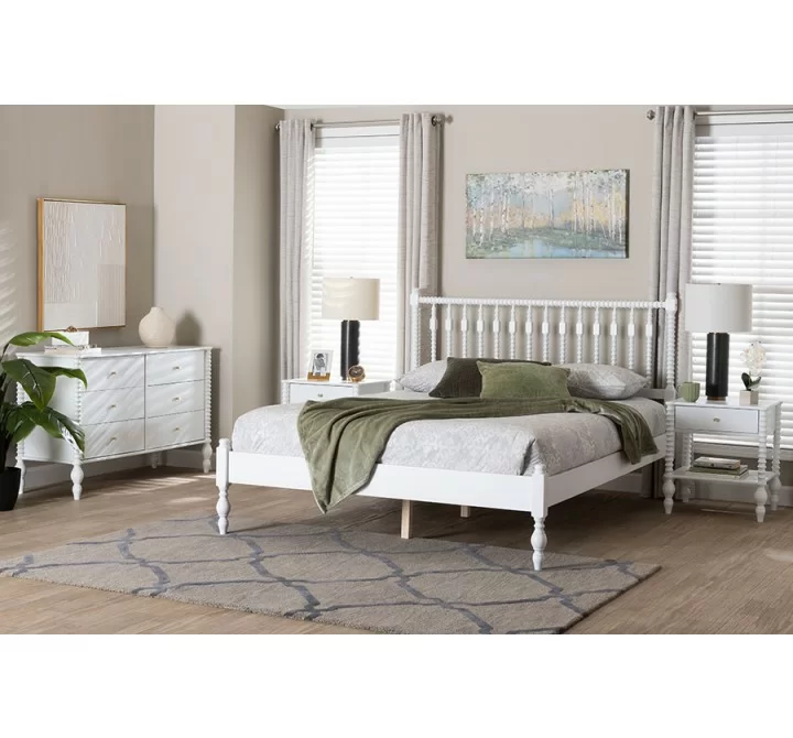 Baxton Studio Denita Spindle Queen 4-Piece Bedroom Set with two nightstands in White - lifestyle