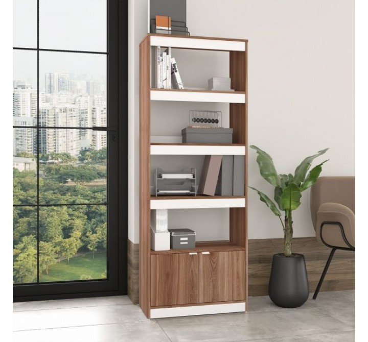 Manhattan Comfort Mid-Century Modern Ratzer Bookcase with 5 Shelves in Brown and White
