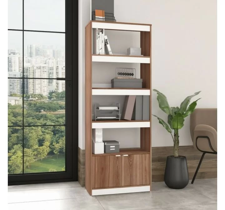 Manhattan Comfort Mid-Century Modern Ratzer Bookcase with 5 Shelves in Brown and White