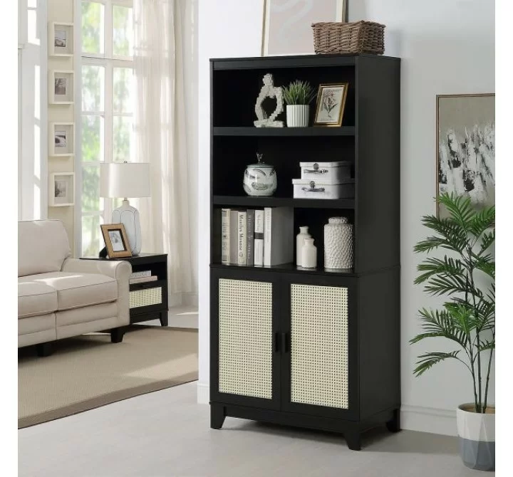 Manhattan Comfort Sheridan Modern Cane Bookcase with Adjustable Shelves Black