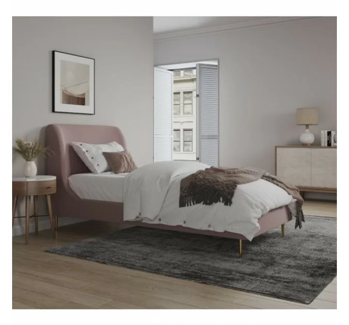 Manhattan Comfort Heather Velvet Twin Bed in Cream with Black Legs