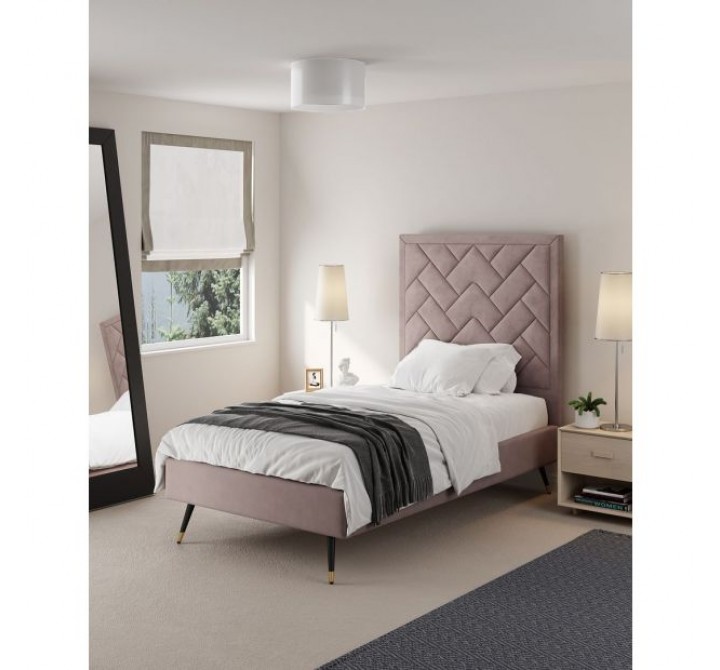 Manhattan Comfort Crosby Modern Twin-Size Upholstered Velvet Bedframe and Headboard in Blush Indoor View
