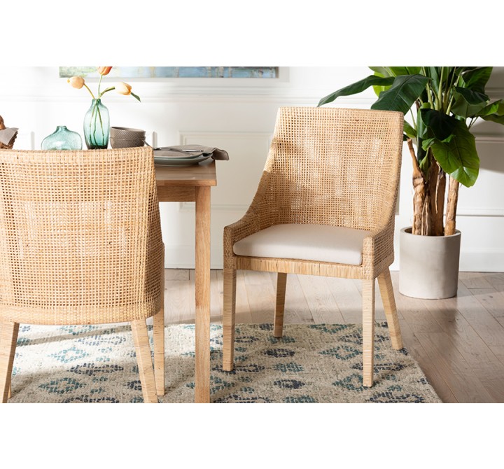 bali & pari Beata Natural Rattan Dining Chair - Handcrafted Wingback Accent Chair with Woven Detailing and Removable Cushion, Coastal Boho Seating for Kitchen or Dining Room - Lifestyle