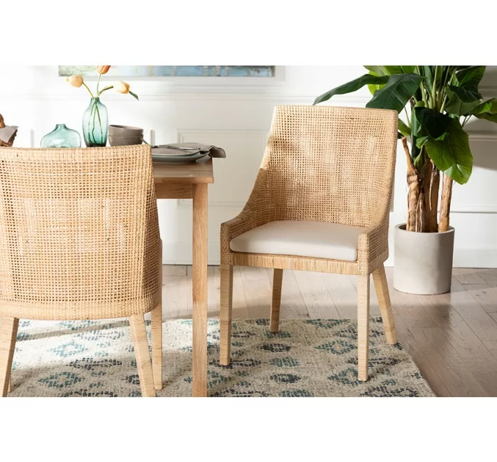 bali & pari Beata Natural Rattan Dining Chair - Handcrafted Wingback Accent Chair with Woven Detailing and Removable Cushion, Coastal Boho Seating for Kitchen or Dining Room - Lifestyle