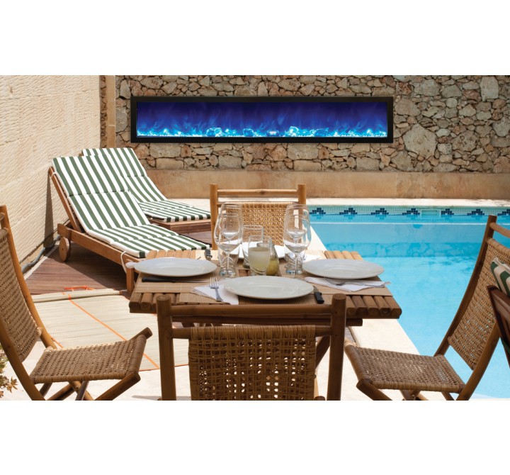 Amantii Panorama Slim Full View Smart Electric  - 88" Indoor /Outdoor WiFi Enabled Fireplace, featuring a MultiFunction Remote, Multi Speed Flame Motor, Glass Media & a Black Trim 