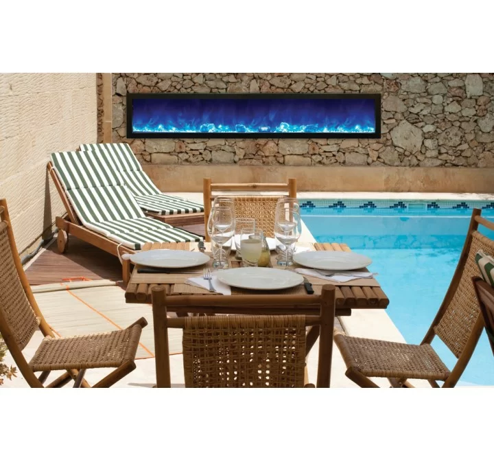 Amantii Panorama Slim Full View Smart Electric  - 88" Indoor /Outdoor WiFi Enabled Fireplace, featuring a MultiFunction Remote, Multi Speed Flame Motor, Glass Media & a Black Trim 