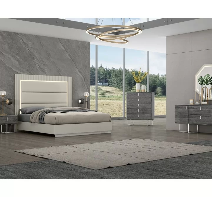 Whiteline Modern Living Chloe Bed King In High Gloss Grey Frame And Polished Stainless Steel Base - Lifestyle