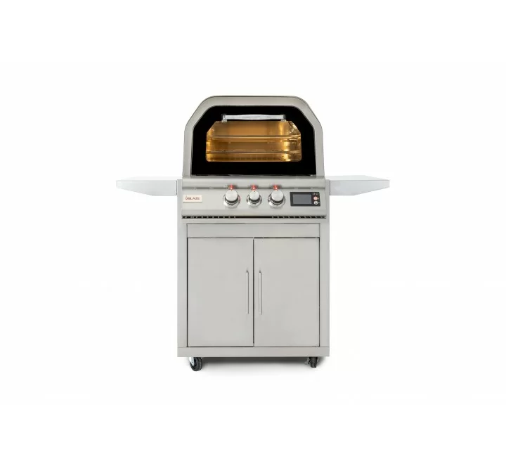 Blaze Grills 26-Inch Propane Gas Outdoor Pizza Oven With Rotisserie - Front and Lit