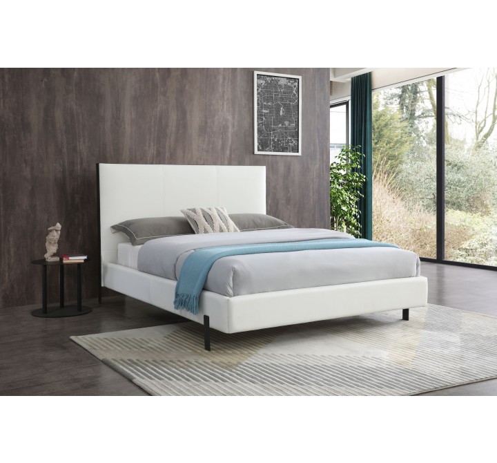Whiteline Modern Living Hollywood Queen Bed In Fully Upholstered White Faux Leather And Wood Grain Cold Rolled Steel Legs - Lifestyle