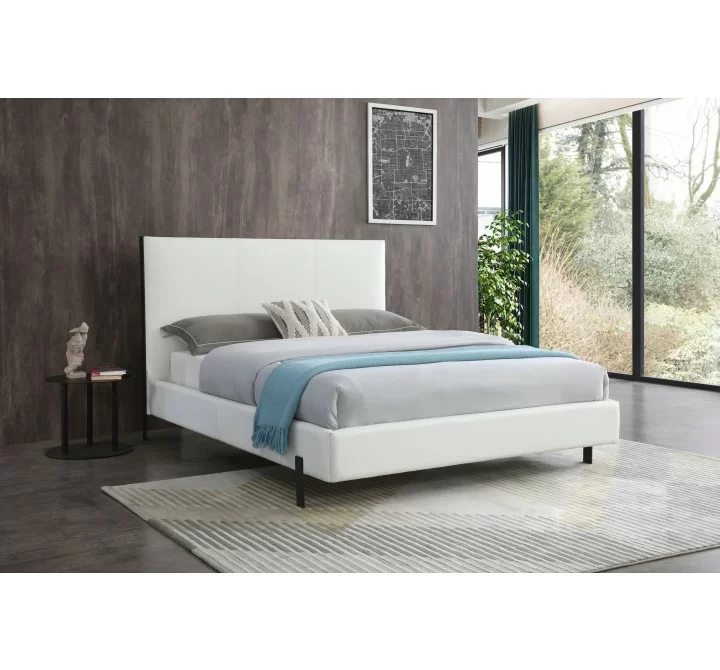 Whiteline Modern Living Hollywood Queen Bed In Fully Upholstered White Faux Leather And Wood Grain Cold Rolled Steel Legs - Lifestyle