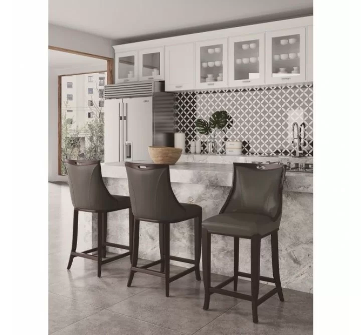 Manhattan Comfort Emperor Faux Leather Barstool in Pebble Grey Set