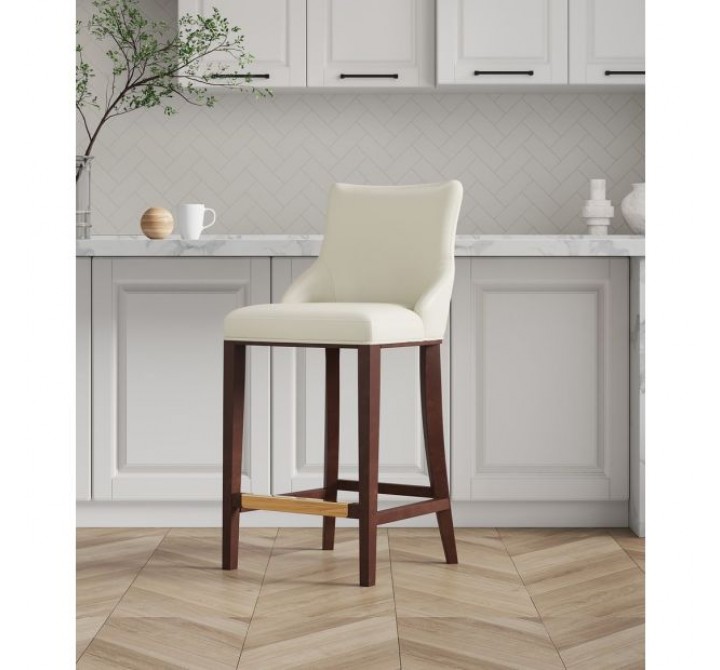 Manhattan Comfort Modern Shubert Barstool Upholstered Leatherette with Beech Wood Legs Ivory