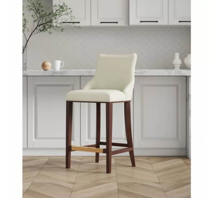 Manhattan Comfort Modern Shubert Barstool Upholstered Leatherette with Beech Wood Legs Ivory