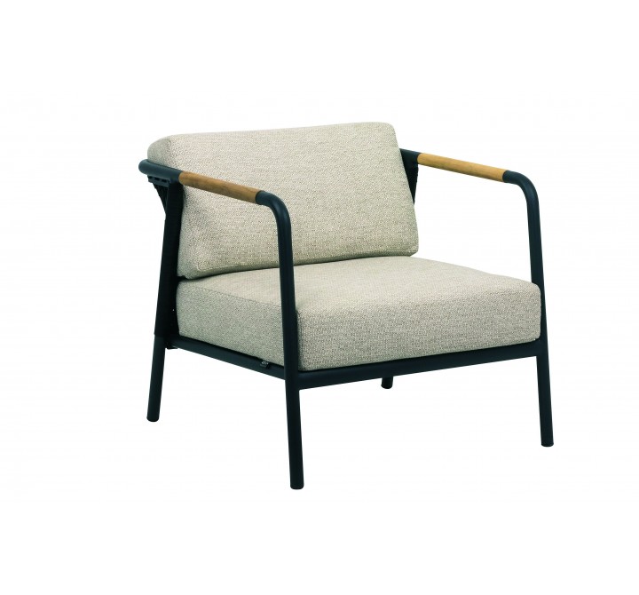 Alfresco Home Elle Belt Deep Seating Lounge Chair w/ Teak Arm Rests | Cushions Inclusive - Front Side Angle