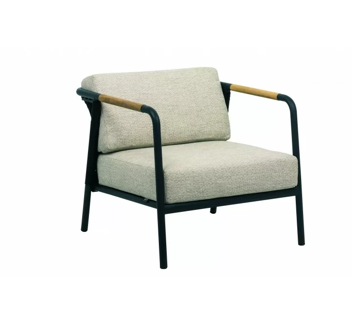Alfresco Home Elle Belt Deep Seating Lounge Chair w/ Teak Arm Rests | Cushions Inclusive - Front Side Angle