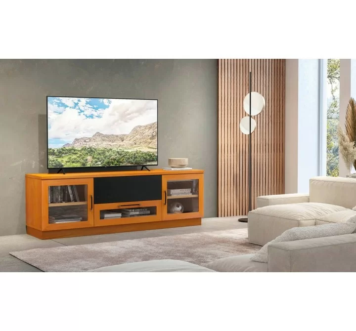 Furnitech 70" Contemporary TV Stand Media Console for Flat Screen and Audio Video Installations in a Light Cherry Finish - Lifestyle