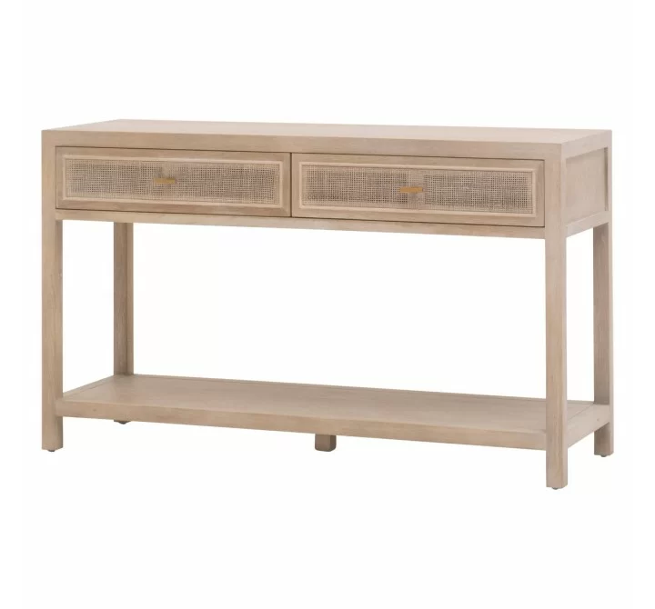 Essentials For Living Cane 2-Drawer Entry Console - Smoke Gray Oak, Smoke Gray Cane - Front Side Angle