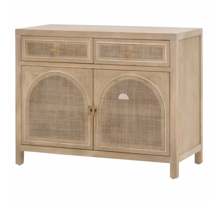 Essentials For Living Cane Media Cabinet - Smoke Gray Oak, Smoke Gray Cane - Front Side Angle