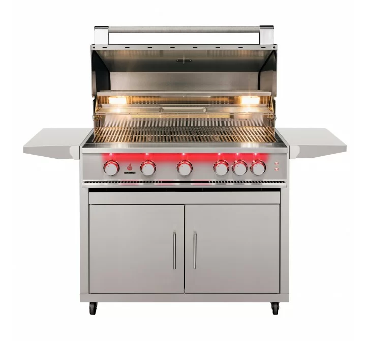 TrueFlame Deluxe Cart With Fold-Down Side Shelves - KD (Fits TF40/TFE40) - Grill Open