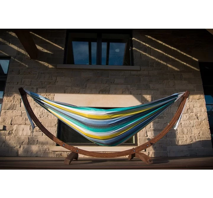 Double Cotton Hammock with Solid Pine Arc Stand - Cayo Reef