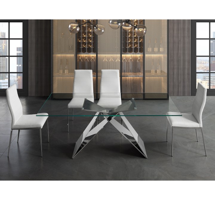 EIFFEL Clear Temp. Glass / Polished Stainless Steel Dining Table - Front - Lifestyle