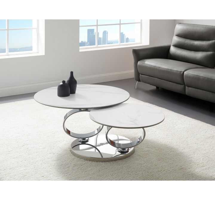 Casabianca SATELLITE Coffee Table In White Porcelain and Clear Glass In High Polished Stainless Steel - Lifestyle