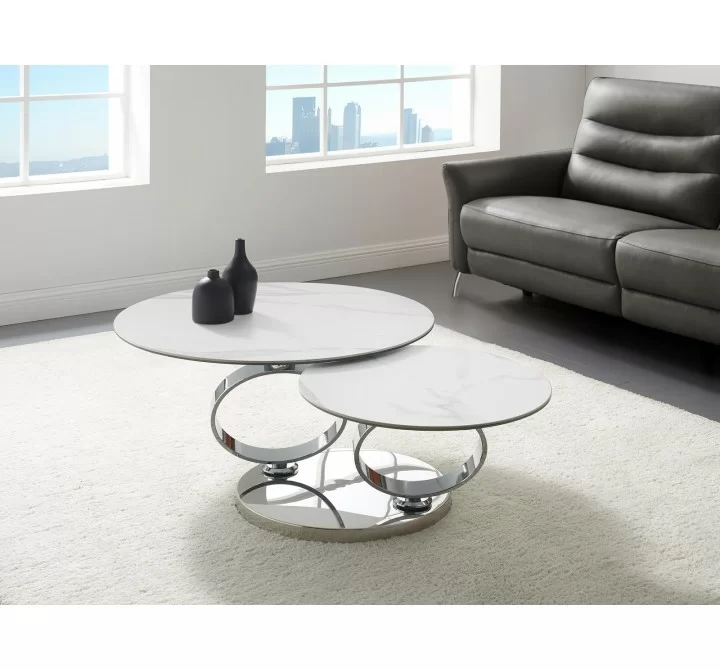 Casabianca SATELLITE Coffee Table In White Porcelain and Clear Glass In High Polished Stainless Steel - Lifestyle