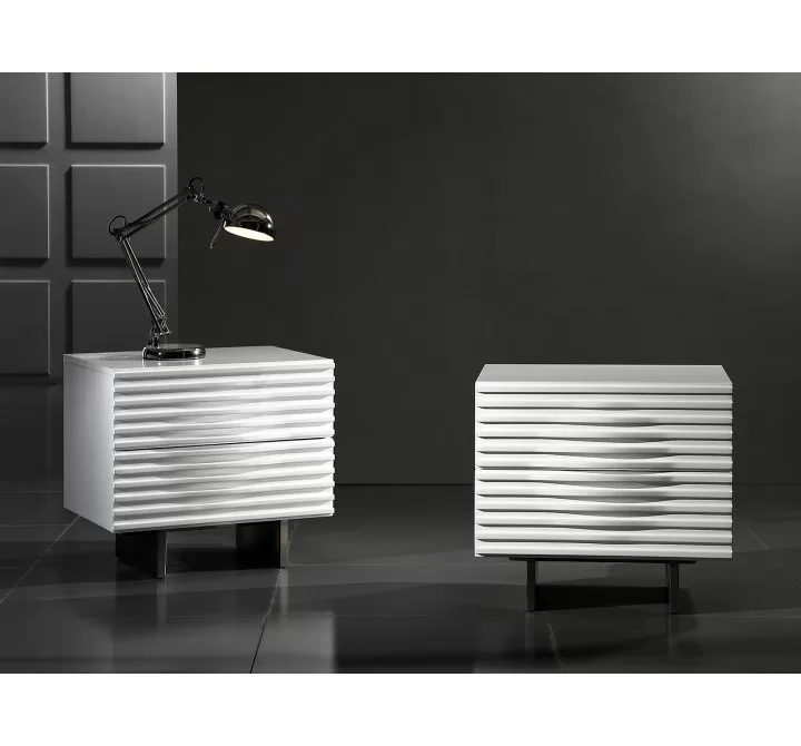 Moon Nightstand In High Gloss White Lacquer With Brushed Stainless Steel - Lifestyle 2