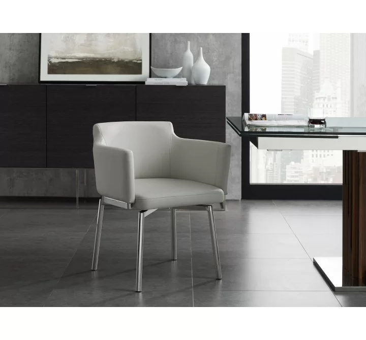 Casabianca SUZZIE Arm Dining Chair In Gray With Swivel Polished Stainless Steel Base - Lifestyle