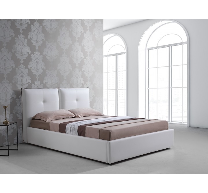 Casabianca ARIA Queen Size Bed In White Pu-leather With Taupe Pu Piping And Storage - Lifestyle