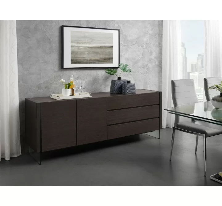 Casabianca Il Vetro Buffet-server In Dark Gray Oak Veneer With Clear Glass - Lifestyle