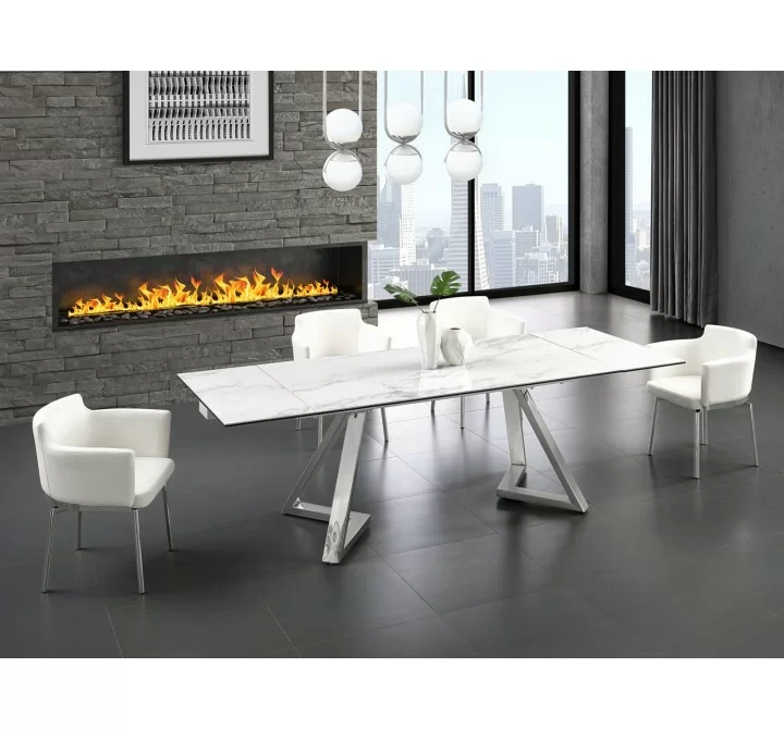 Casabianca NOELLE Dining Table In Modern White And Gray Ceramic With Polished Stainless Steel Base - Lifestyle