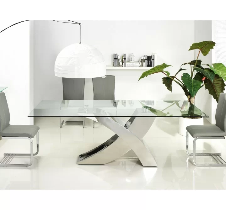 Casabianca GENEVA Dining Table In Clear Glass With Polished Stainless Steel Base - Lifestyle 1