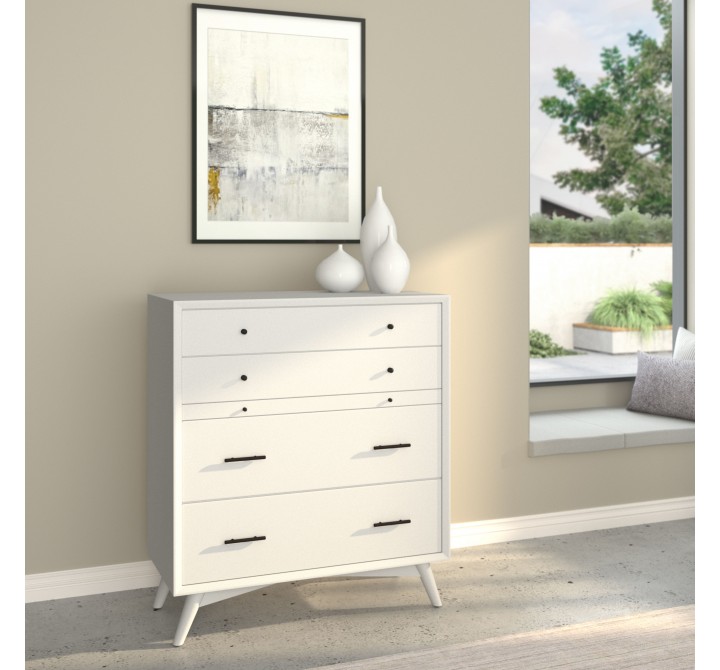 Alpine Furniture Flynn Mid Century Modern 4 Drawer Multifunction Chest w/Pull Out Tray, White - Lifestyle