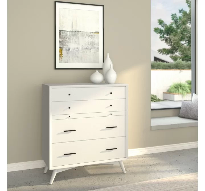 Alpine Furniture Flynn Mid Century Modern 4 Drawer Multifunction Chest w/Pull Out Tray, White - Lifestyle