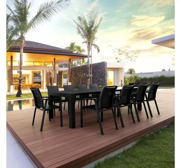 ompamia Pacific 11 Piece Dining set with Extension Table and Sling Arm Chairs Black, Dark Gray Frame Black Sling, Taupe Frame Taupe Sling, White Frame White Sling, Lifestyle