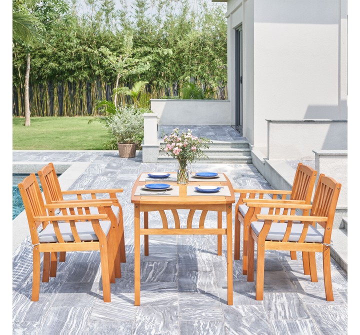 Vifah Kapalua Honey Nautical 5-Piece Eucalyptus Wooden Outdoor Dining Set, Front Angle